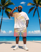 Big & Tall Men's Hawaiian Pink Leaf Print Round Neck Short Sleeve T-Shirt Shorts Suit